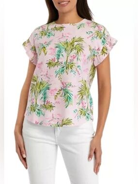 Crown & Ivy Pink Tropical Print Tee with Ruffle Sleeves
